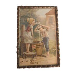 Ivorine Victorian Trading Card "A Practical Joke" Framed Silvertone Glass